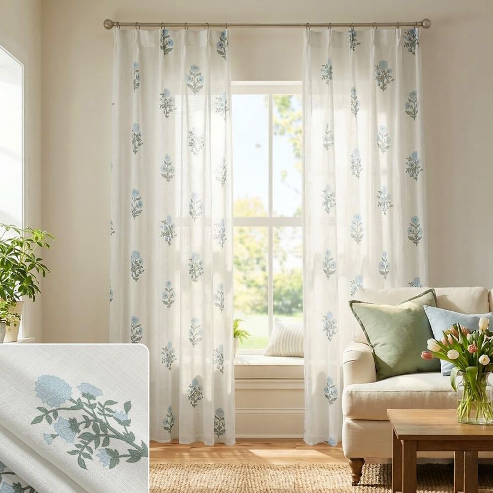 Blue Green Floral Pinch Pleated Curtains Set 36x84 Semi Sheer Linen Cottagecore